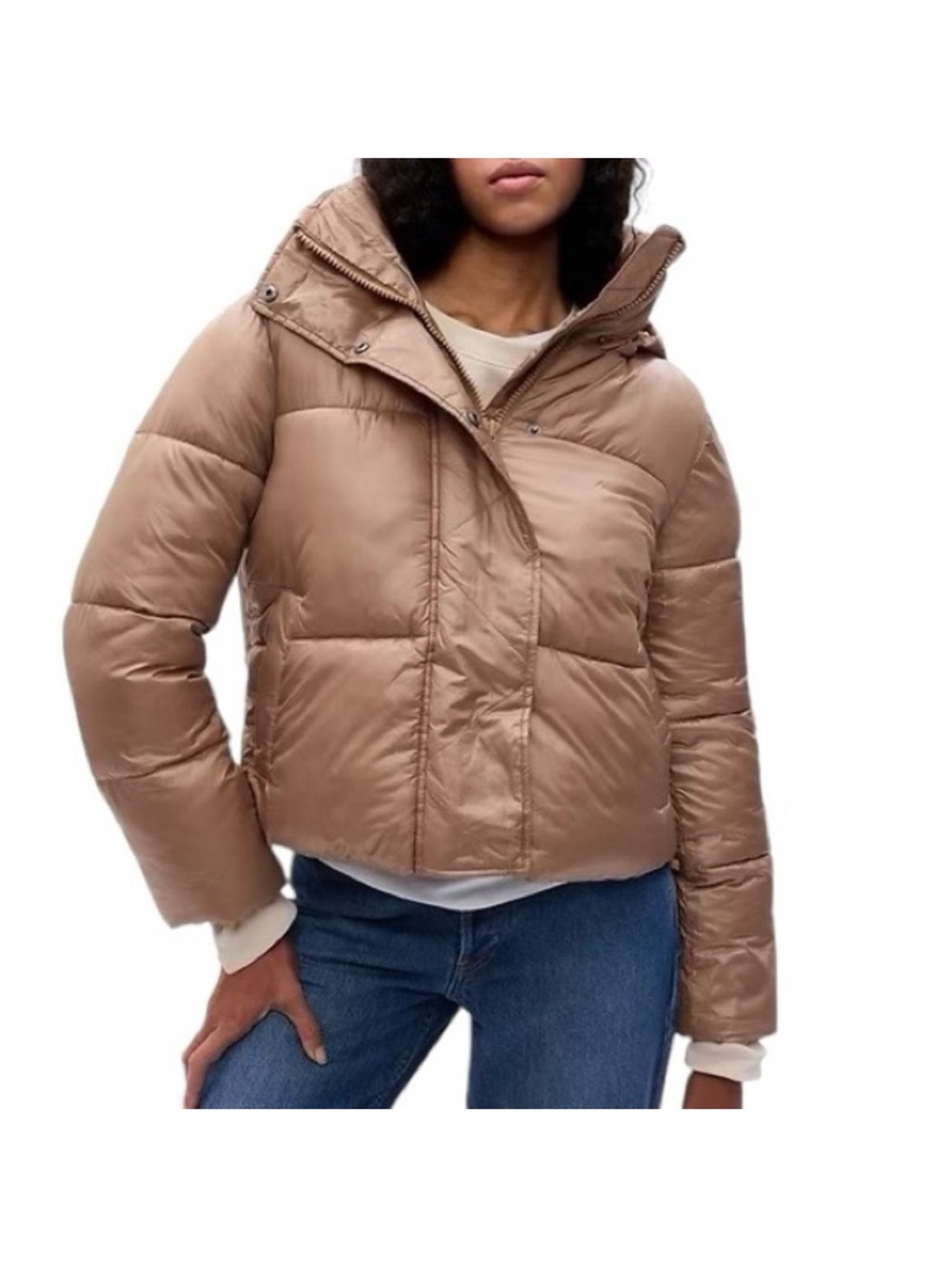 GAP Short Cropped Puffer Jacket in Taupe